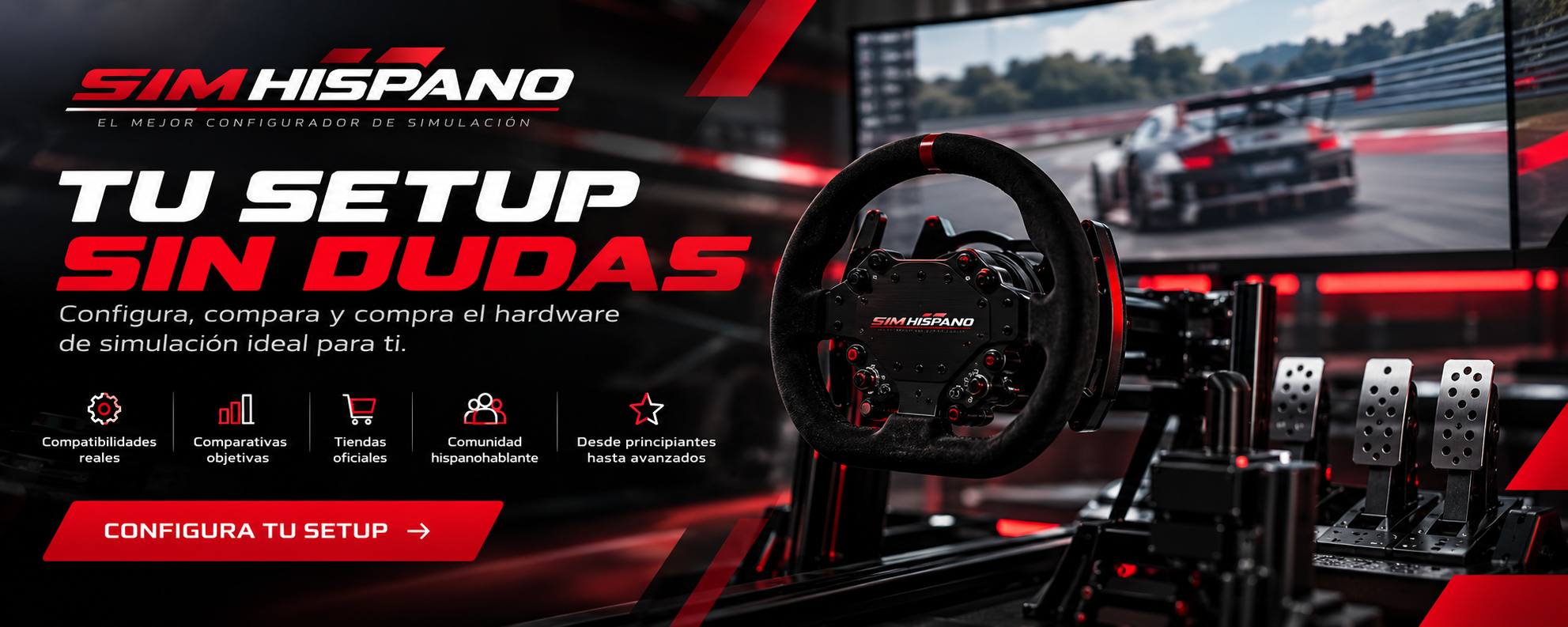 Banner de SIMHISPANO «Tu setup sin dudas» con un volante de simracing frente a una pantalla de carreras